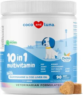 10 in 1 Multivitamin for Dogs - Glucosamine Chondroitin for Joint Support   Digestive Enzymes & Probiotics - Cod Liver Oil & Vitamins with Coq10 for Skin & Heart Health, Gut & Immune Support