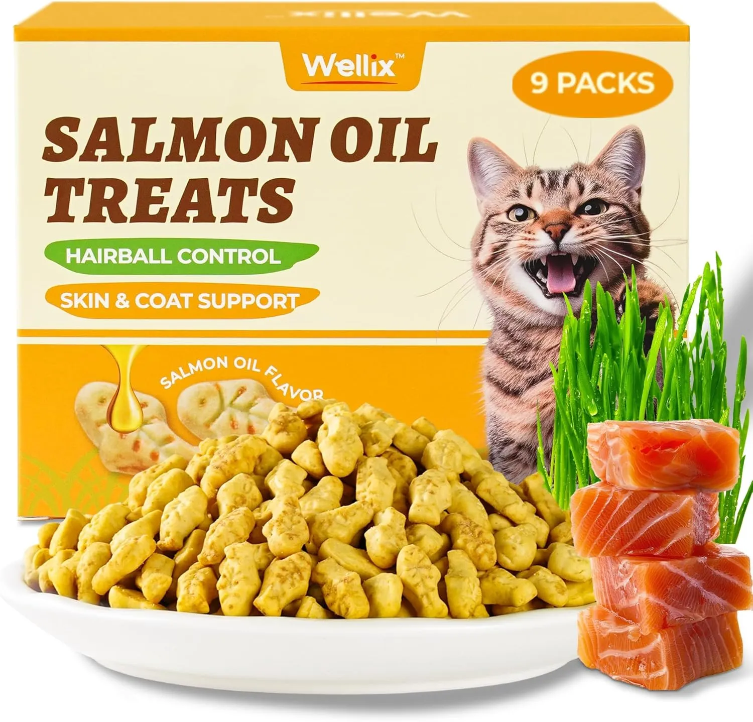 16oz/450g Cat Treats for Indoor Cats - Salmon Oil Flavor Cat Biscuits - Healthy Kitten Snacks for Cats Grass & Salmon - Joint Support & Healthy Skin