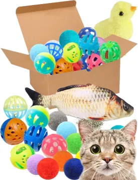19 PCS Cat Toys Variety Pack for Indoor Cats and Kittens, Fuzzy Balls, Jingle Bells, Wind-Up Chick, Catnip Fish, and More Fun Toys (1.5'' - 8.3'', Cat Toys Pro Collection)