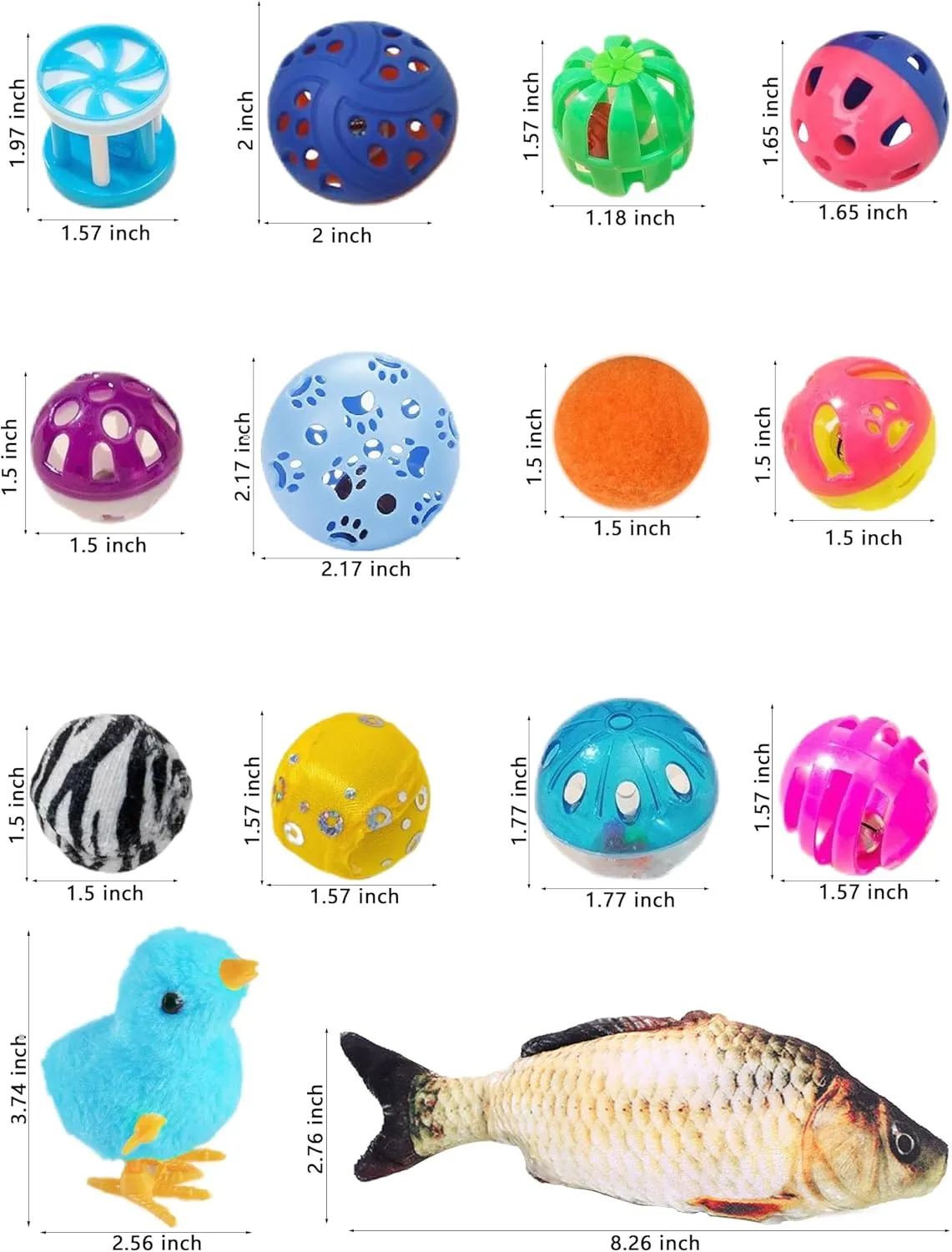 19 PCS Cat Toys Variety Pack for Indoor Cats and Kittens, Fuzzy Balls, Jingle Bells, Wind-Up Chick, Catnip Fish, and More Fun Toys (1.5'' - 8.3'', Cat Toys Pro Collection)