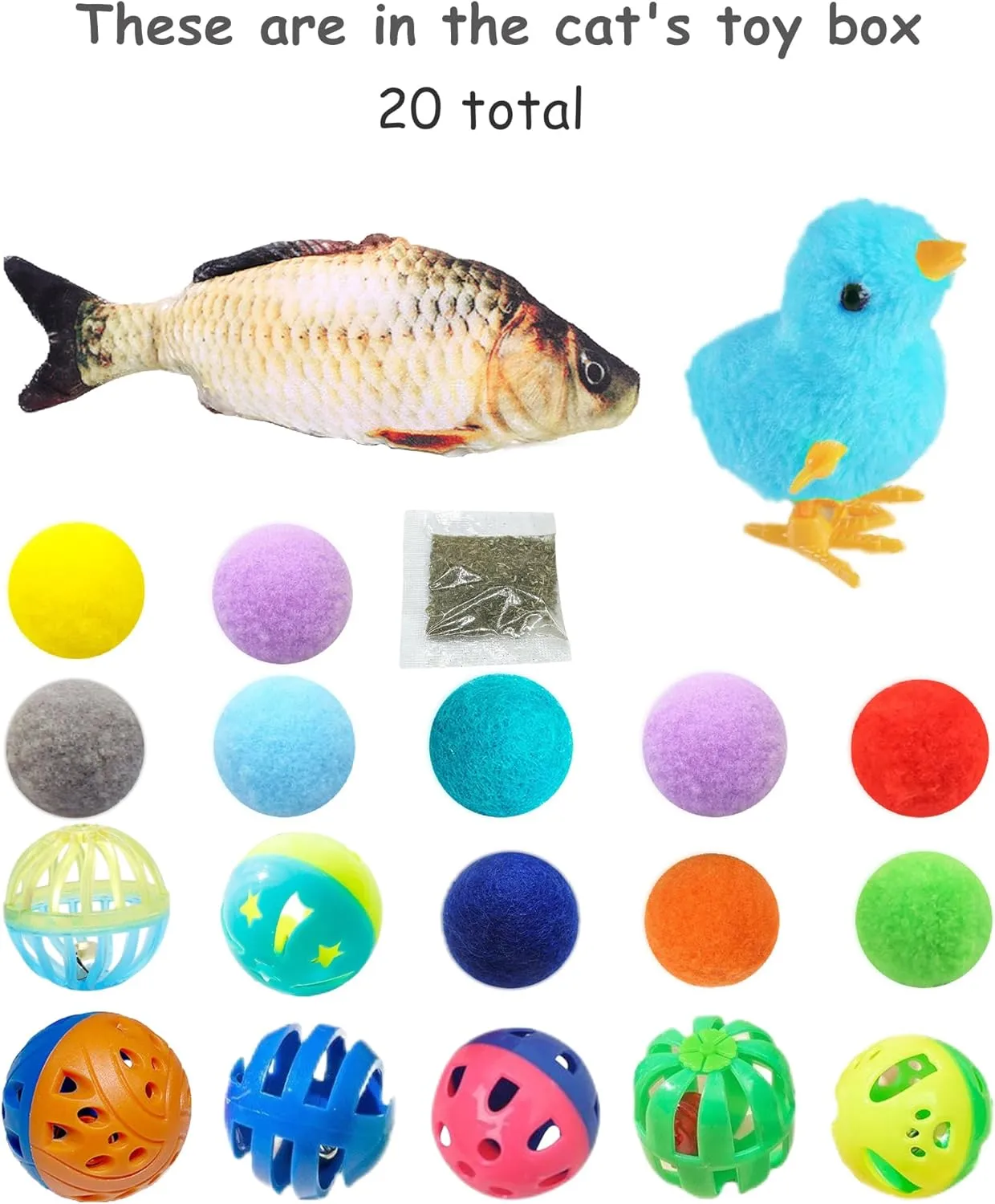 19 PCS Cat Toys Variety Pack for Indoor Cats and Kittens, Fuzzy Balls, Jingle Bells, Wind-Up Chick, Catnip Fish, and More Fun Toys (1.5'' - 8.3'', Cat Toys Pro Collection)