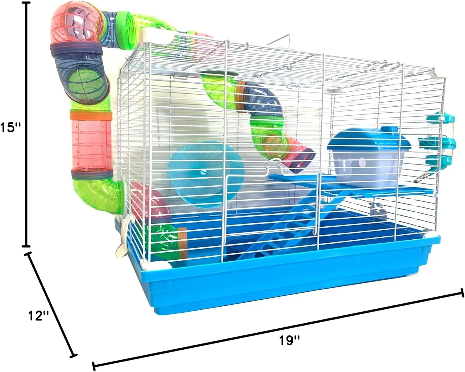 2 Levels Habitat Hamster Home Rodent Gerbil Mouse Mice Rat Wire Cage with Complete Set of Accessories (18" L x 12" W x 15" H, Blue)