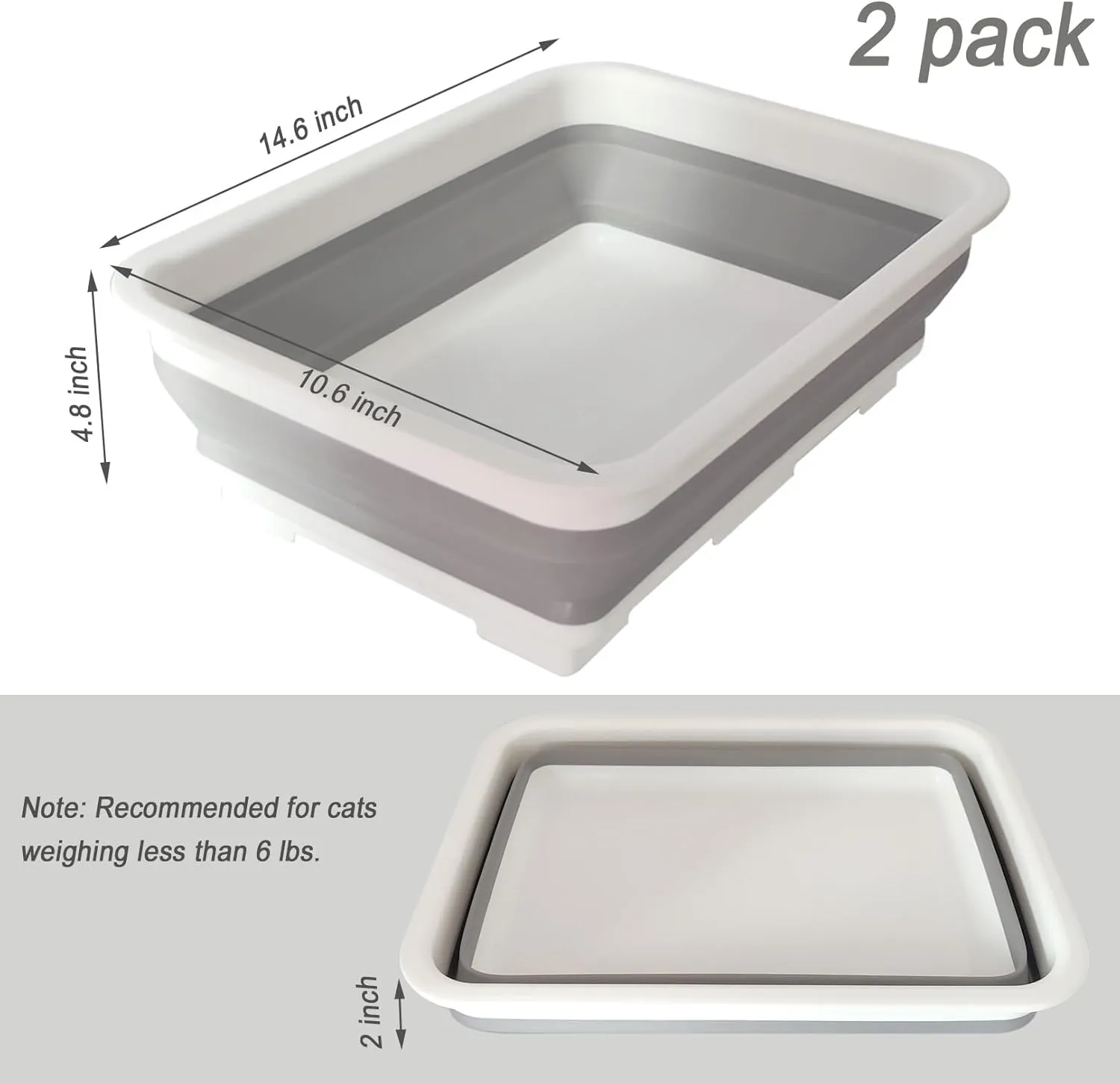 2 Pack Collapsible Small Cat Litter Box, Open Kitten Litter Potty Pan Low Entry Pet Kitty Toilet Foldable Waterproof Travel Toilet for Sick Frail Kitty 14.6 x 10.6 x 4.8 inches Grey