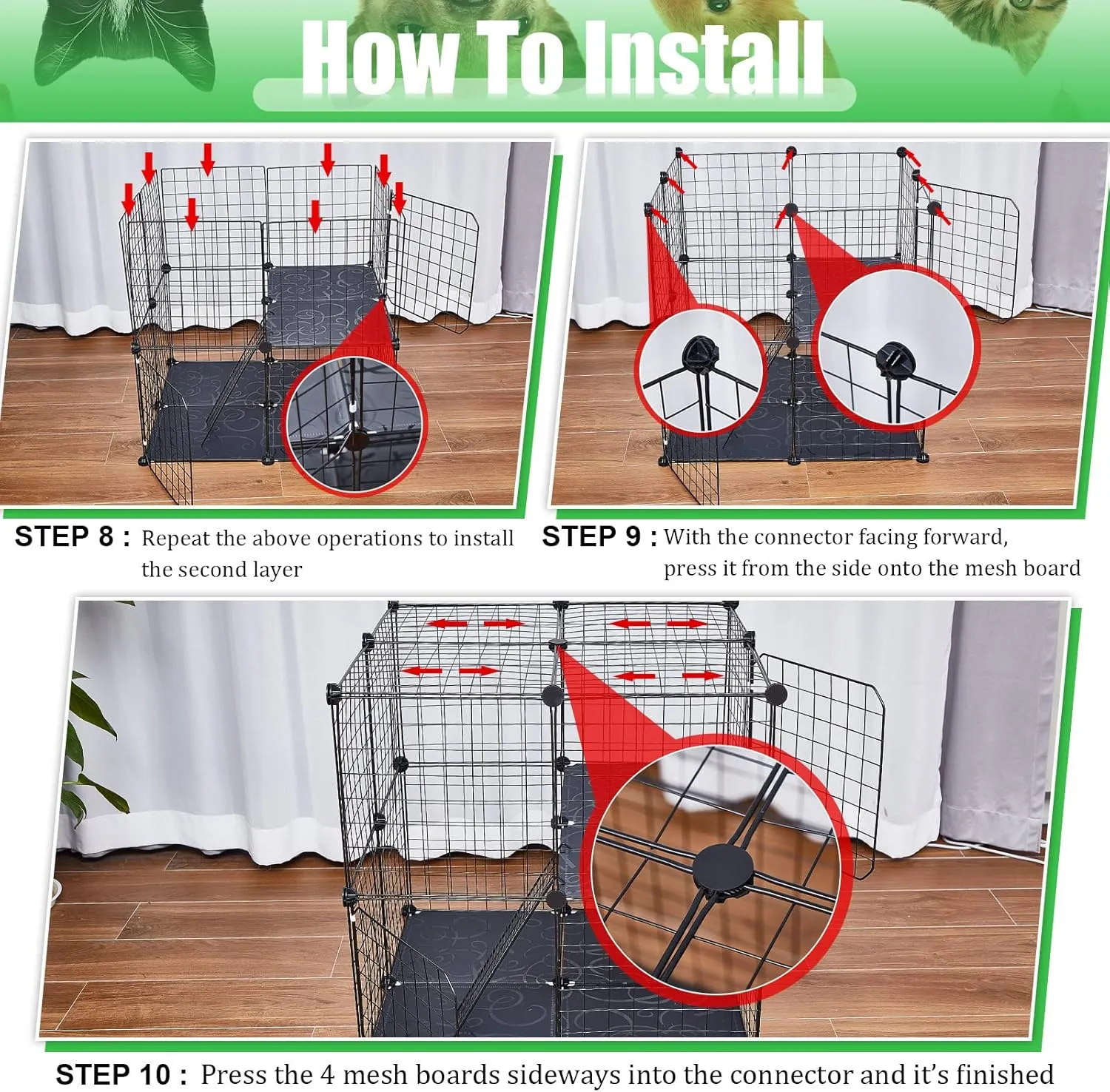 2 Tier Large Cat Cage Crate DIY Pet Playpen Detachable Dense Metal Wire Ferret Cage Indoor Cat Kennels for Kitten Puppy Bunny Exercise (Black, 27.56 x 27.56 x 27.56 Inches)