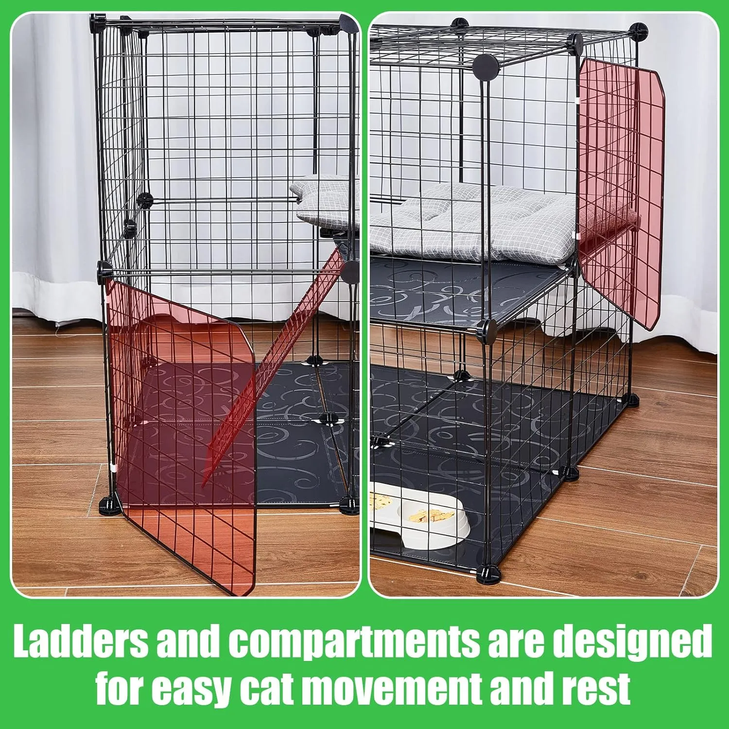 2 Tier Large Cat Cage Crate DIY Pet Playpen Detachable Dense Metal Wire Ferret Cage Indoor Cat Kennels for Kitten Puppy Bunny Exercise (Black, 27.56 x 27.56 x 27.56 Inches)