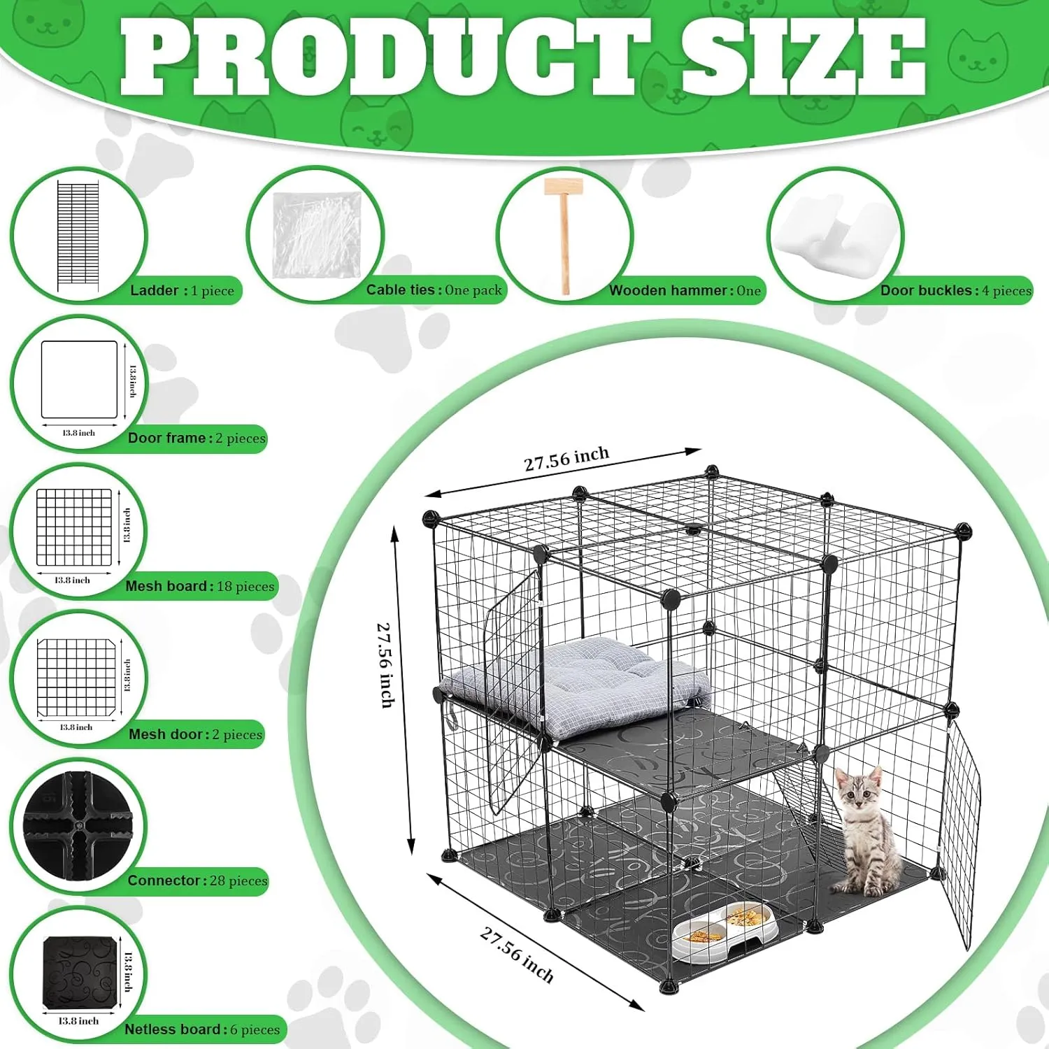 2 Tier Large Cat Cage Crate DIY Pet Playpen Detachable Dense Metal Wire Ferret Cage Indoor Cat Kennels for Kitten Puppy Bunny Exercise (Black, 27.56 x 27.56 x 27.56 Inches)