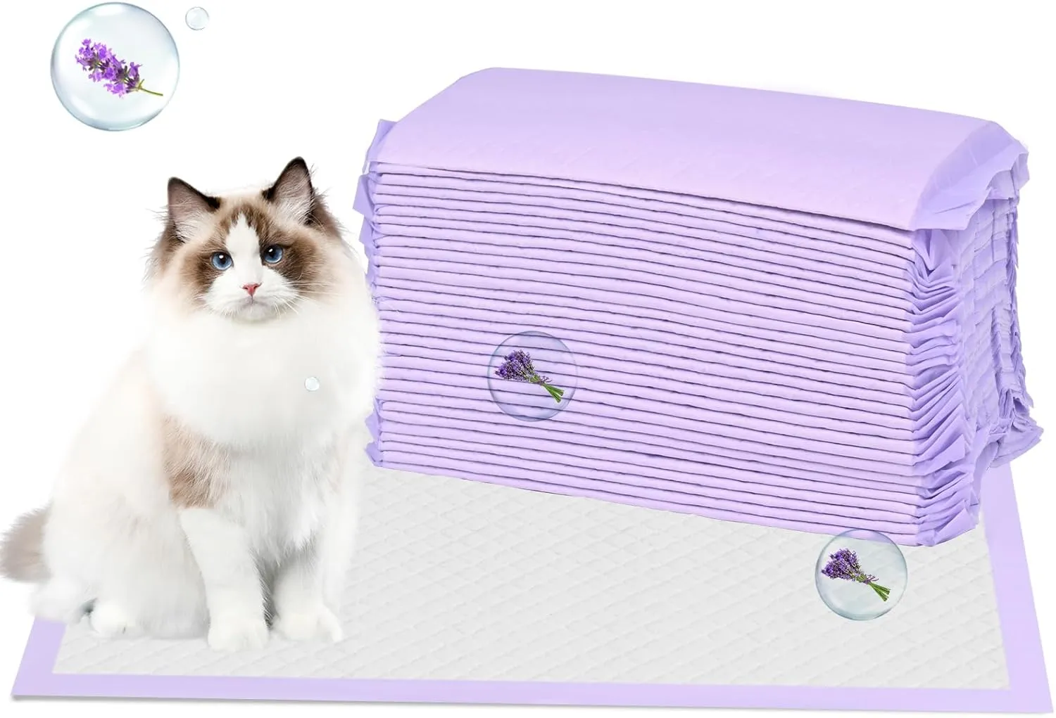 30 Count Cat Litter Pads 16.9 x 11.4 Inch Cat Pad Refills for Litter Box Super Absorbent Leak-Proof, Pee Pads for Cats Litter Box Fresh Lavender Scented (Purple)