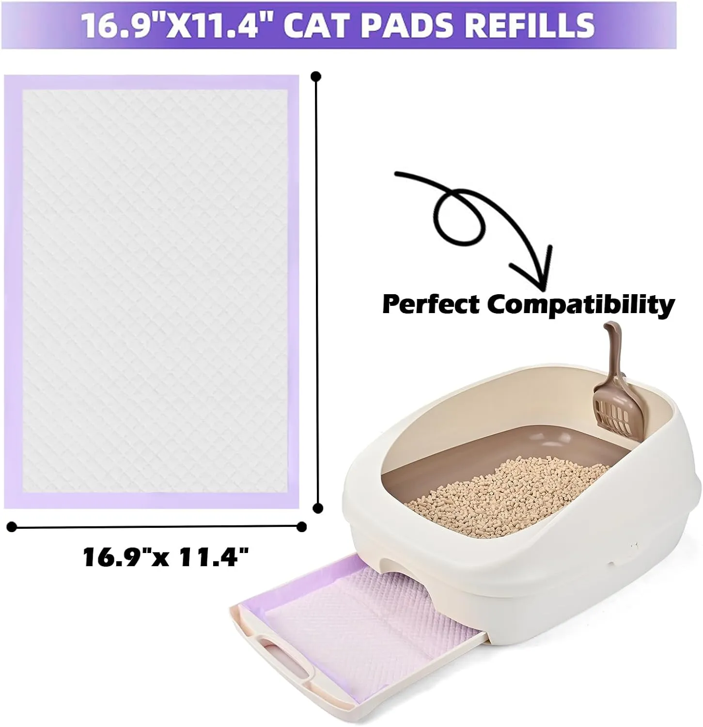 30 Count Cat Litter Pads 16.9 x 11.4 Inch Cat Pad Refills for Litter Box Super Absorbent Leak-Proof, Pee Pads for Cats Litter Box Fresh Lavender Scented (Purple)