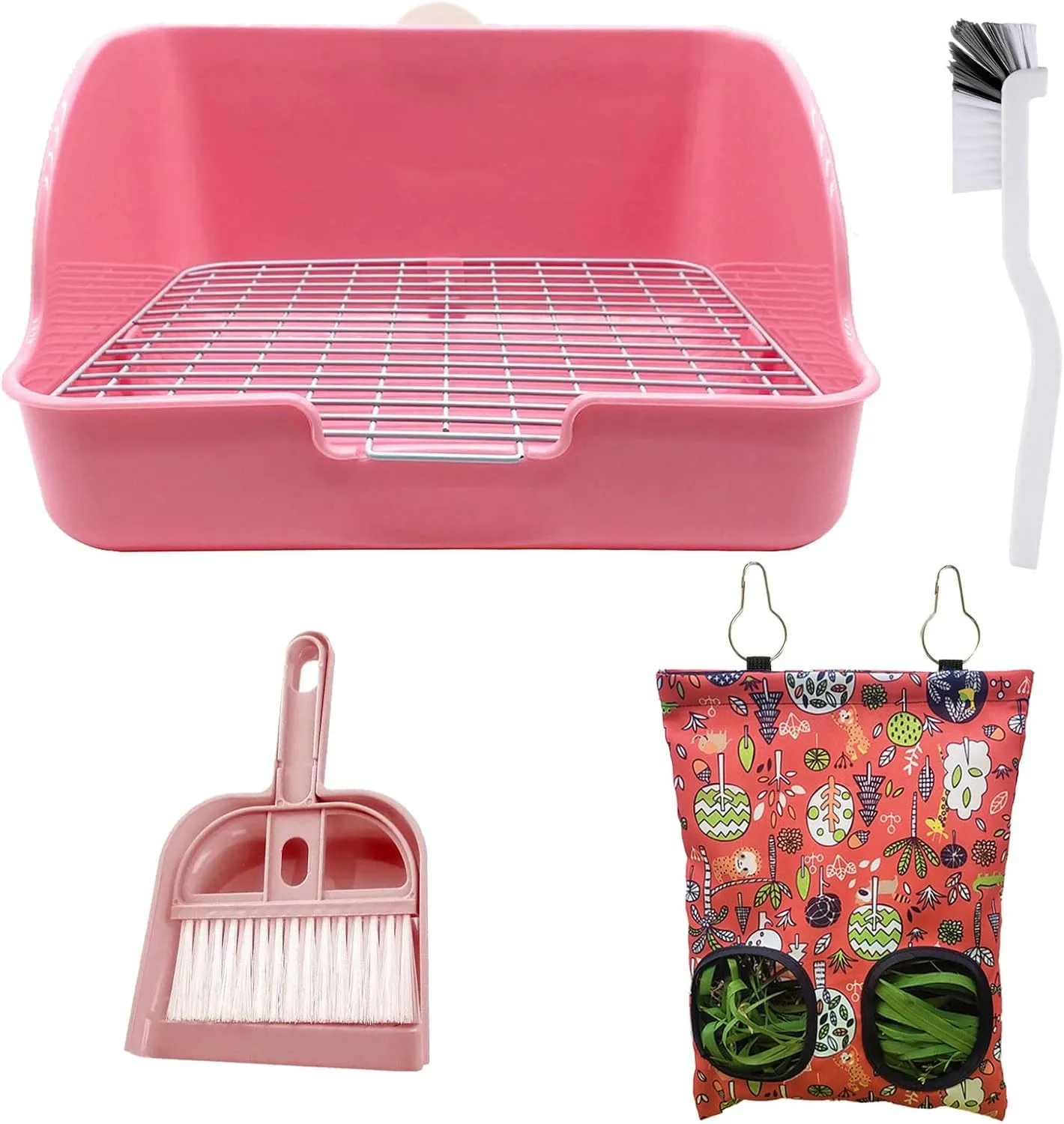 4-in-1 Rabbit Potty Toilet Feeding Cleaning Set with Hay Feeder Bag - Pink