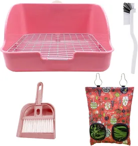 4-in-1 Rabbit Potty Toilet Feeding Cleaning Set with Hay Feeder Bag - Pink
