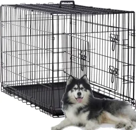 48 Inch Large Dog Crate Dog Kennel Cage Metal Wire Crates Pet Cages Double-Door Foldable Kennels with Handle and Plastic Tray Indoor&Outdoor,Black XXL
