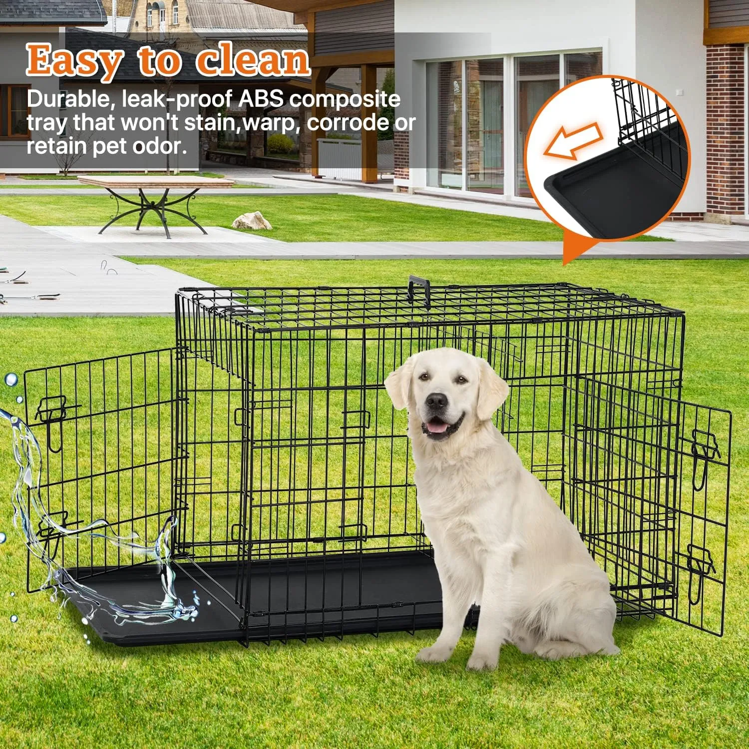 48 Inch Large Dog Crate Dog Kennel Cage Metal Wire Crates Pet Cages Double-Door Foldable Kennels with Handle and Plastic Tray Indoor&Outdoor,Black XXL