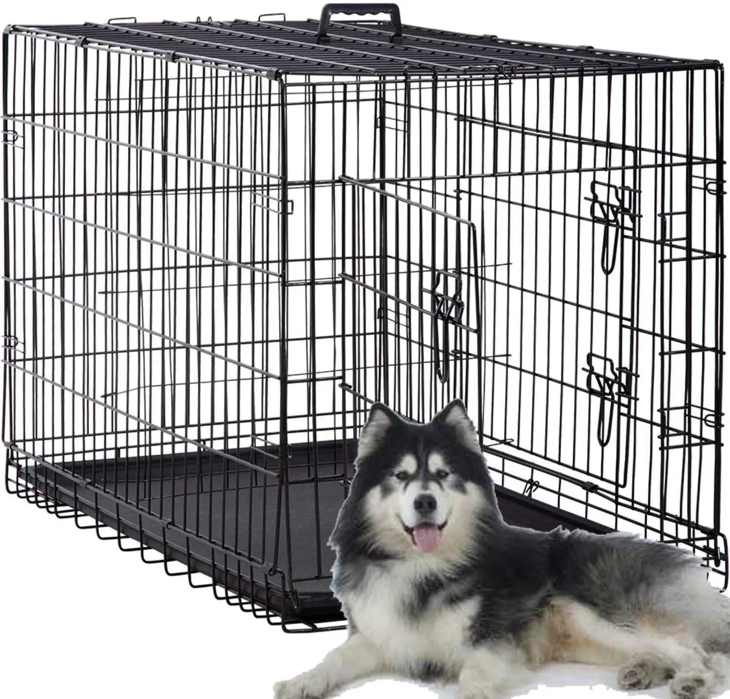 48 Inch Large Dog Crate Dog Kennel Cage Metal Wire Crates Pet Cages Double-Door Foldable Kennels with Handle and Plastic Tray Indoor&Outdoor,Black XXL