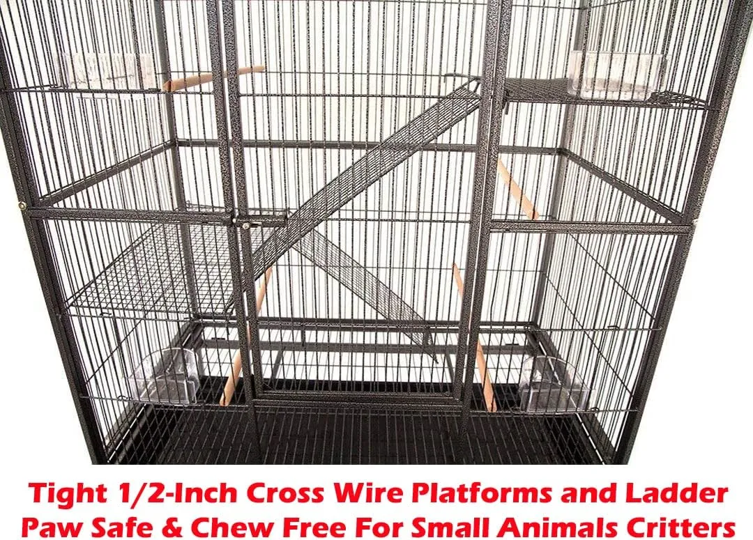 54" LARGE Wrought Iron 4-Level Chew-Proof Tight 1/2-inch Wire Spacing Ferret Squirrel Chinchilla Sugar Glider Rat Mice Rabbit Hamster Critter Home Cage Easy Clean Pull Out Tray Removable Rolling Stand