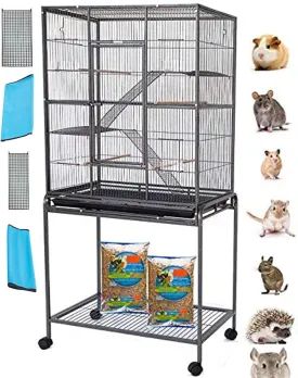 54" LARGE Wrought Iron 4-Level Chew-Proof Tight 1/2-inch Wire Spacing Ferret Squirrel Chinchilla Sugar Glider Rat Mice Rabbit Hamster Critter Home Cage Easy Clean Pull Out Tray Removable Rolling Stand