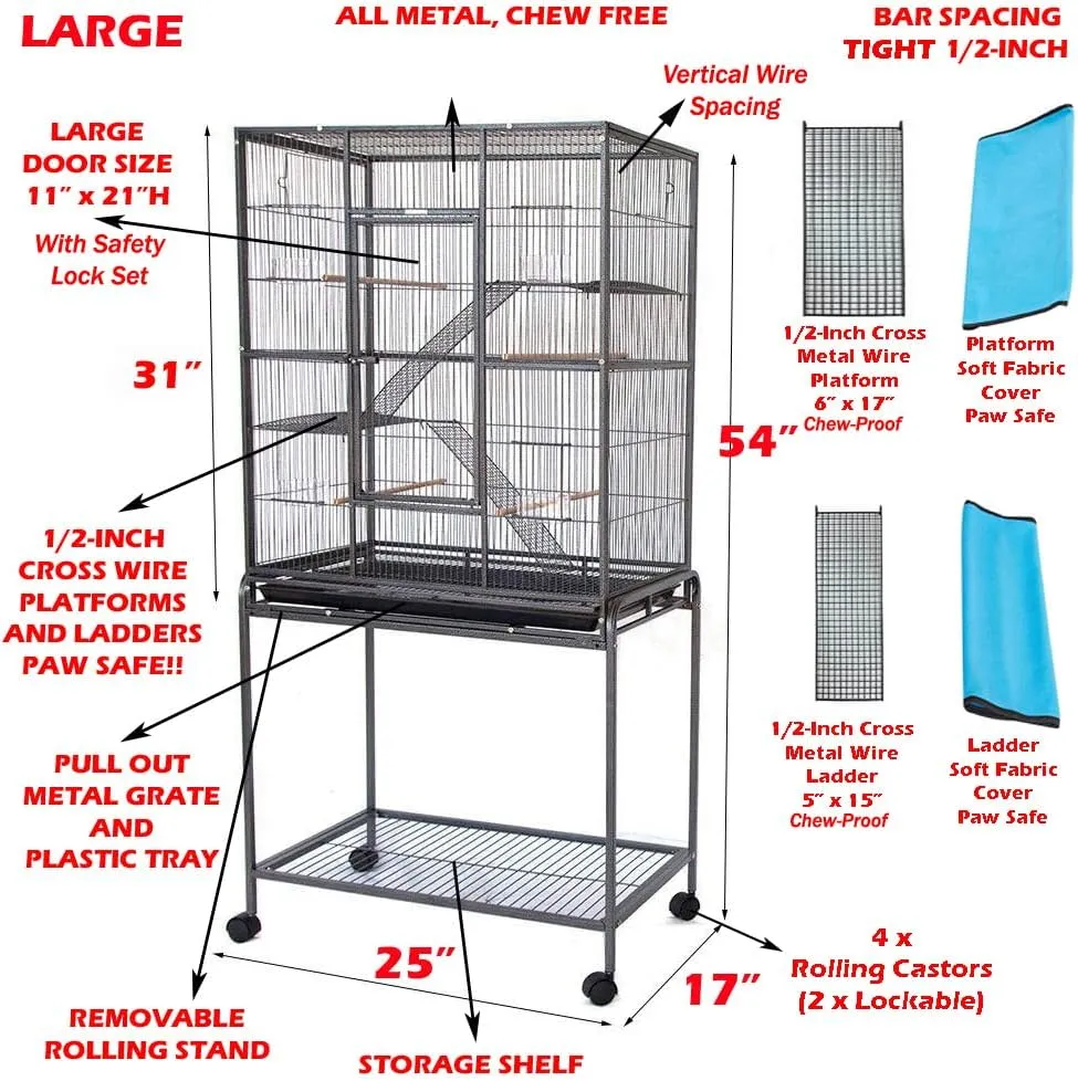 54" LARGE Wrought Iron 4-Level Chew-Proof Tight 1/2-inch Wire Spacing Ferret Squirrel Chinchilla Sugar Glider Rat Mice Rabbit Hamster Critter Home Cage Easy Clean Pull Out Tray Removable Rolling Stand