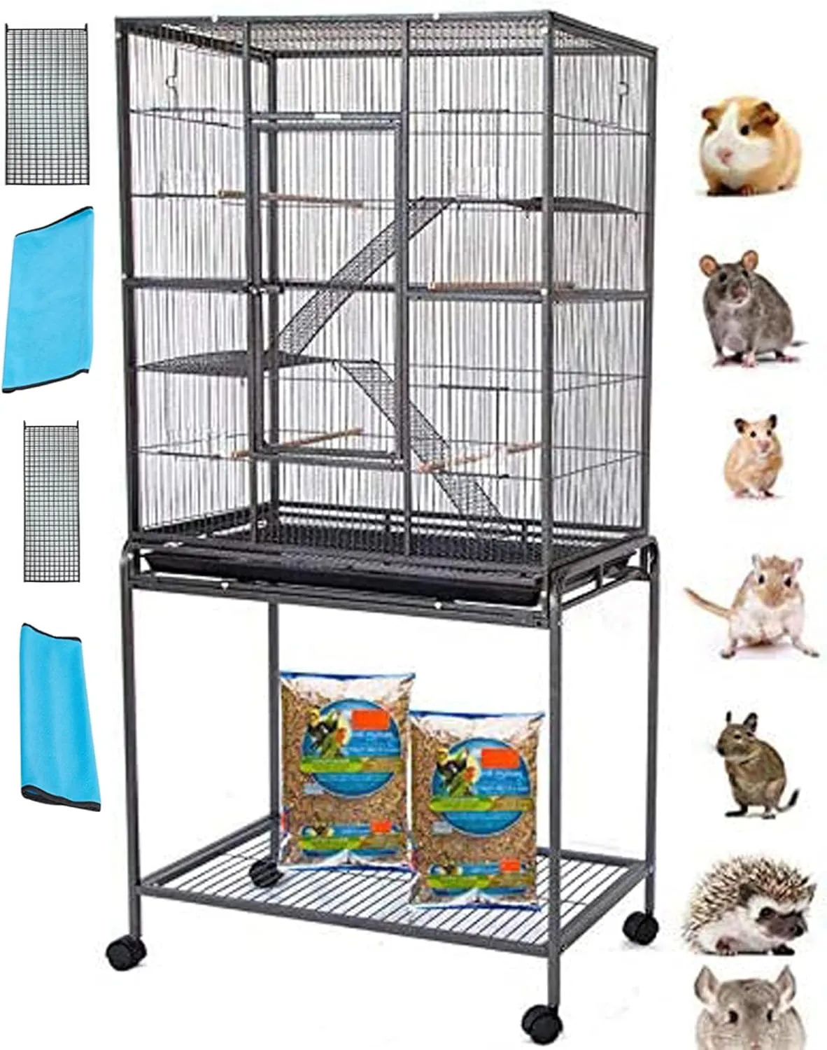54" LARGE Wrought Iron 4-Level Chew-Proof Tight 1/2-inch Wire Spacing Ferret Squirrel Chinchilla Sugar Glider Rat Mice Rabbit Hamster Critter Home Cage Easy Clean Pull Out Tray Removable Rolling Stand