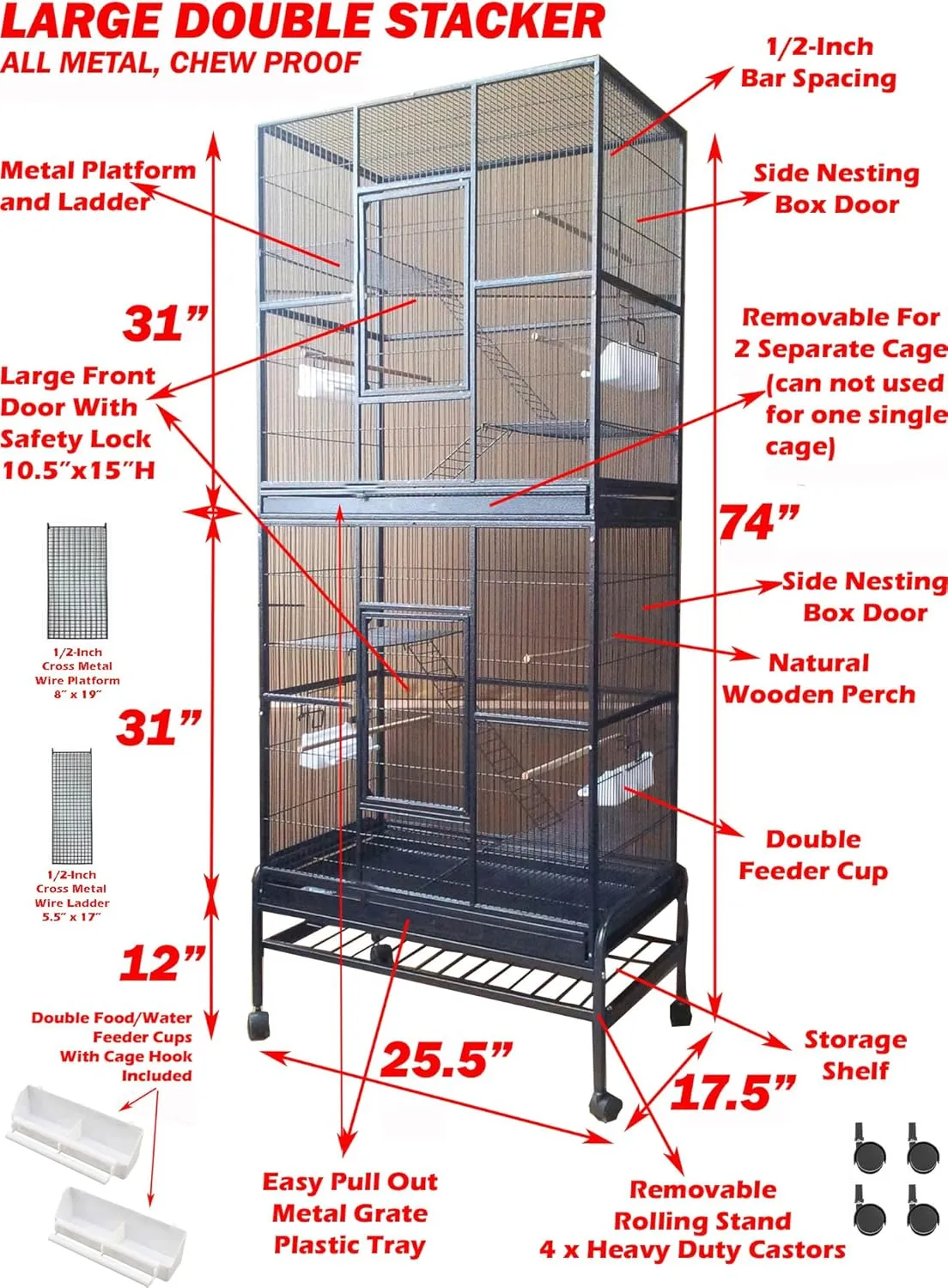 74" Large Double Stackable Wrought Iron Tight 1/2-Inch Bar Spacing Chew-Proof Cage for Ferret Chinchilla Sugar Glider Rat Mouse Easy Clean Pull Out Grate & Tray Removable Rolling Stand