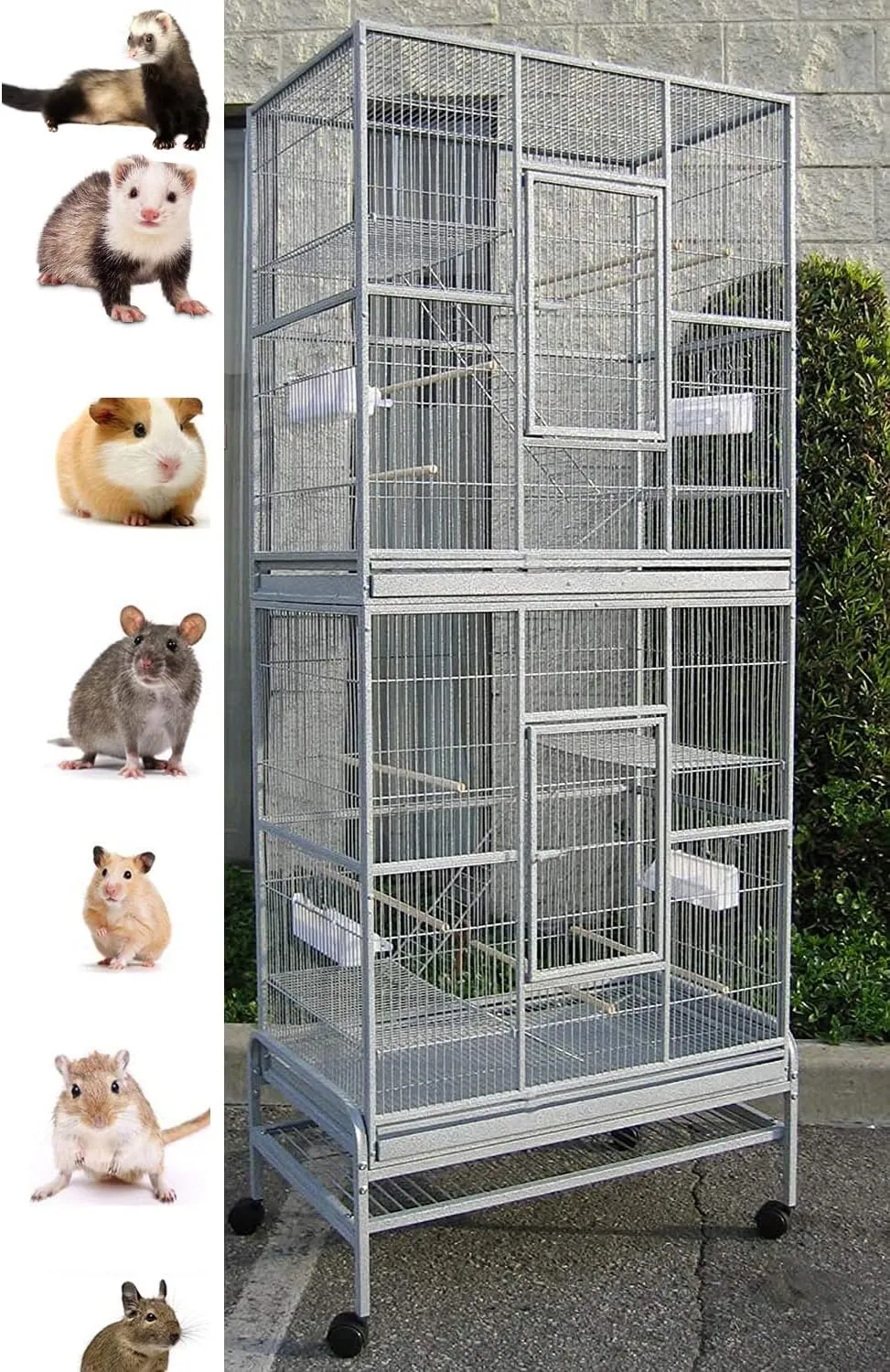 74" Large Double Stackable Wrought Iron Tight 1/2-Inch Bar Spacing Chew-Proof Cage for Ferret Chinchilla Sugar Glider Rat Mouse Easy Clean Pull Out Grate & Tray Removable Rolling Stand