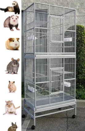 74" Large Double Stackable Wrought Iron Tight 1/2-Inch Bar Spacing Chew-Proof Cage for Ferret Chinchilla Sugar Glider Rat Mouse Easy Clean Pull Out Grate & Tray Removable Rolling Stand