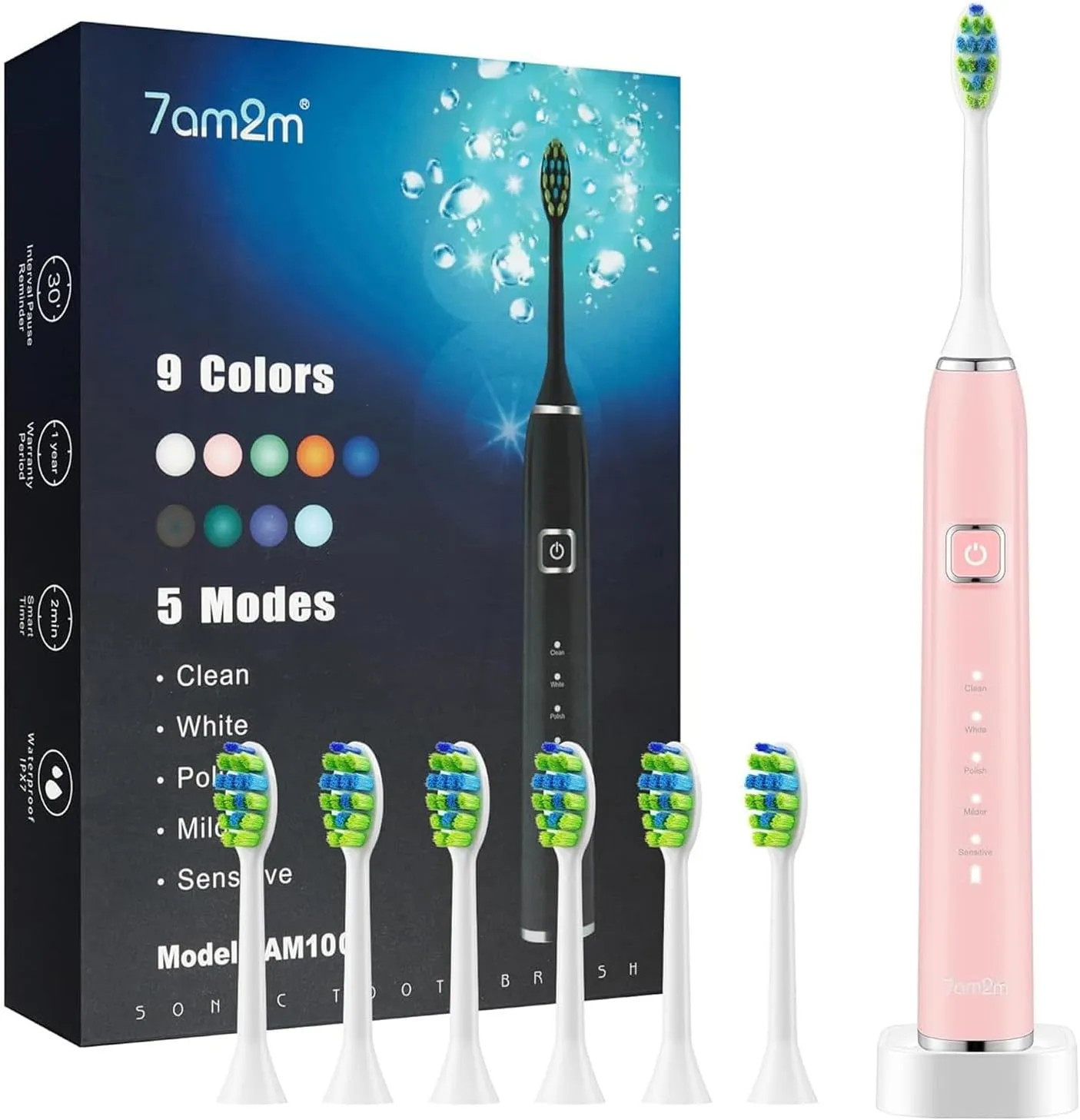 7AM2M Ultrasonic Electric Toothbrush with 6 Brush Heads for Adults&Kids, One Charge for 90 Days, Wireless Fast Charge, 5 Modes 40000VPM Powered Toothbrush, 2 Minutes Built in Smart Timer-Rose Pink