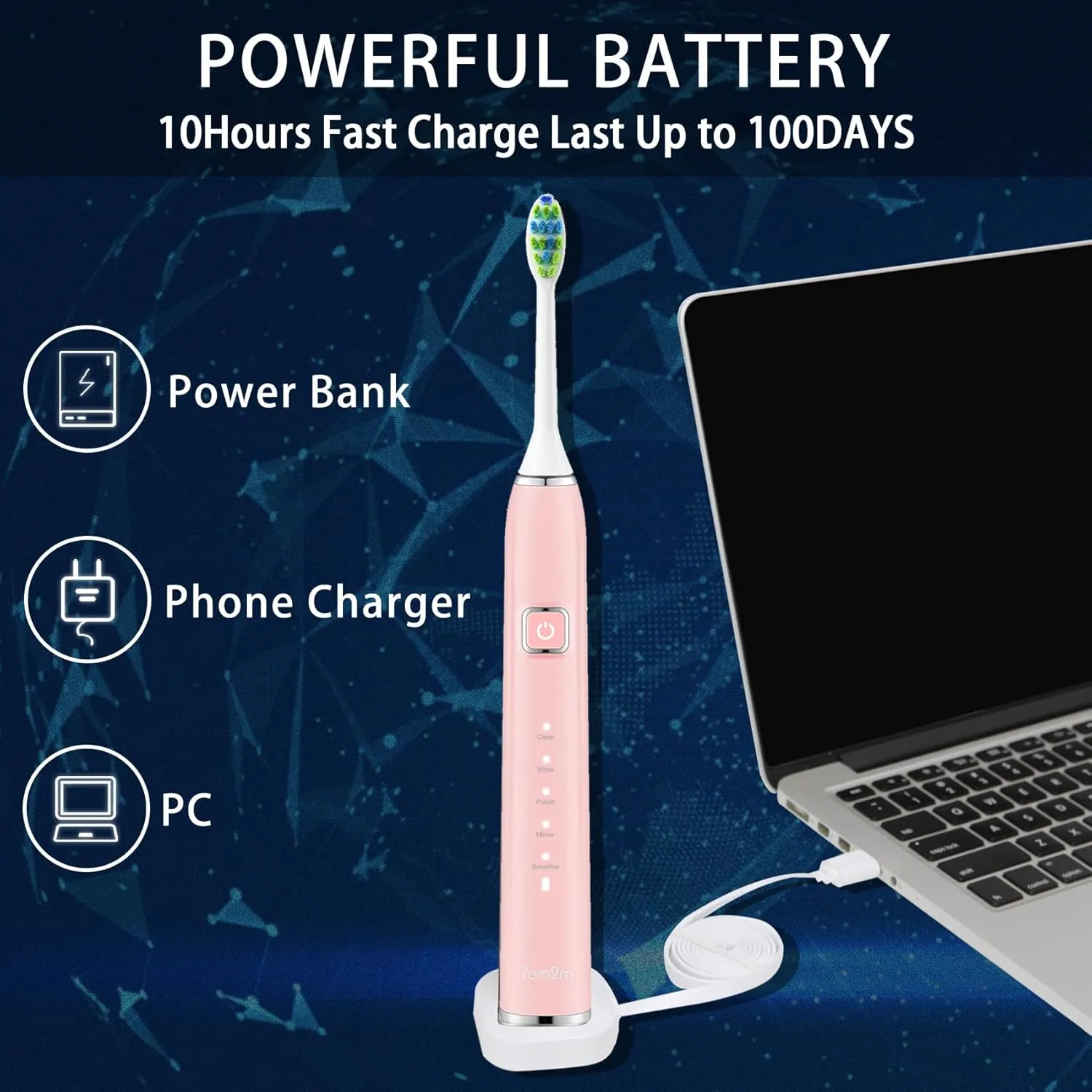 7AM2M Ultrasonic Electric Toothbrush with 6 Brush Heads for Adults&Kids, One Charge for 90 Days, Wireless Fast Charge, 5 Modes 40000VPM Powered Toothbrush, 2 Minutes Built in Smart Timer-Rose Pink