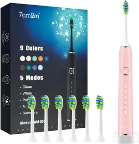 7AM2M Ultrasonic Electric Toothbrush with 6 Brush Heads for Adults&Kids, One Charge for 90 Days, Wireless Fast Charge, 5 Modes 40000VPM Powered Toothbrush, 2 Minutes Built in Smart Timer-Rose Pink