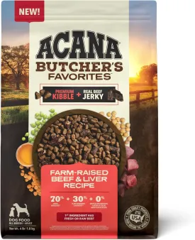 ACANA Butcher's Favorites Dry Dog Food, Farm-Raised Beef & Liver Recipe, Dry Kibble and Beef Jerky Pieces, 4lb