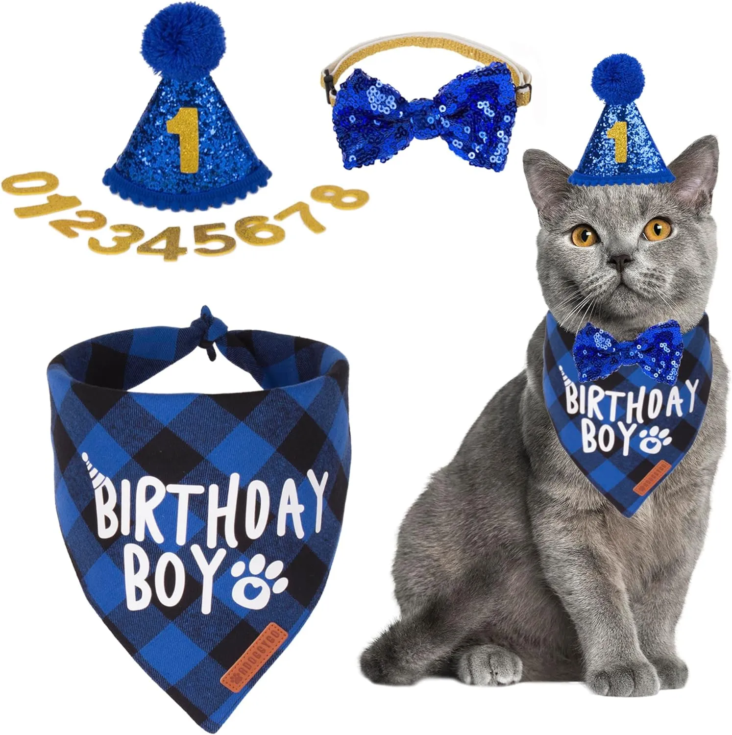 ADOGGYGO Cat Birthday Party Supplies, Birthday Boy Plaid Kitten Bandana, Blue Cat Party Hat with Numbers, Bowtie (Blue)
