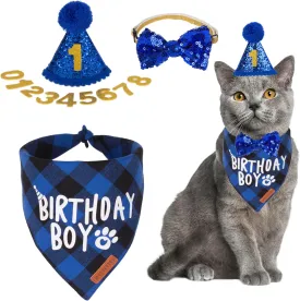 ADOGGYGO Cat Birthday Party Supplies, Birthday Boy Plaid Kitten Bandana, Blue Cat Party Hat with Numbers, Bowtie (Blue)