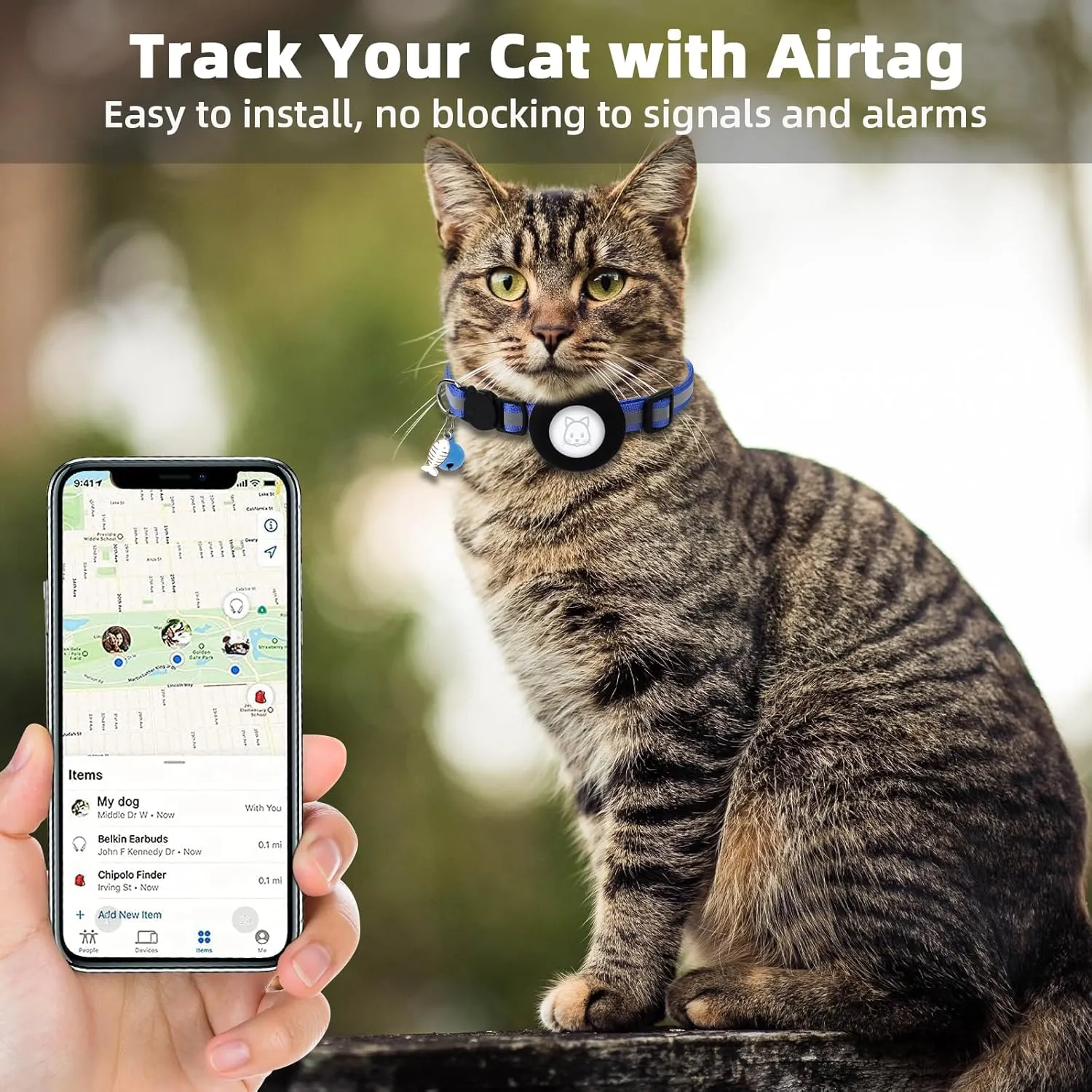 Airtag Cat Collar, Air tag Cat Collar with Bell and Safety Buckle in 3/8" Width, Reflective Collar with Waterproof Airtag Holder Compatible with Apple Airtag for Cat Dog Kitten Puppy (RoyalBlue)