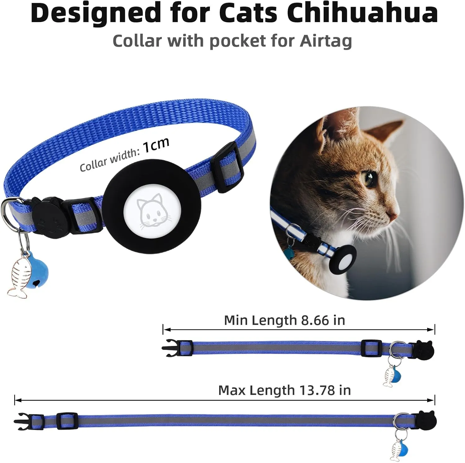 Airtag Cat Collar, Air tag Cat Collar with Bell and Safety Buckle in 3/8" Width, Reflective Collar with Waterproof Airtag Holder Compatible with Apple Airtag for Cat Dog Kitten Puppy (RoyalBlue)