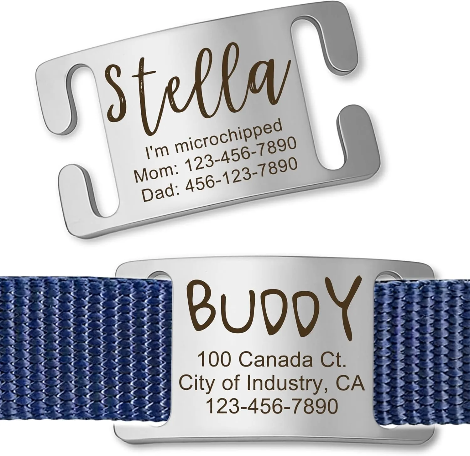 Anavia Slide On Silent Pet ID Tags, S/M/L/XL Personalized Gold Black Stainless Steel Customized Engraved Cat Dog Name Tags, Glossy Finish Chew-Proof Quiet Dog Collar Tag (X-Large, Silver)