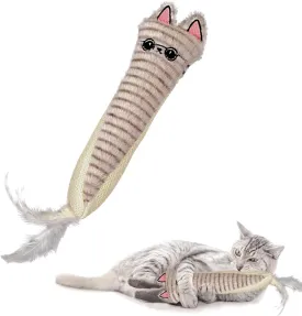 Andiker Catnip Toys for Indoor Cats,10.24inches Plush Toy for Cats with Crinkle Paper Inside,Fluffy cat Toy with Feather and 2 Scratcher (Grey)