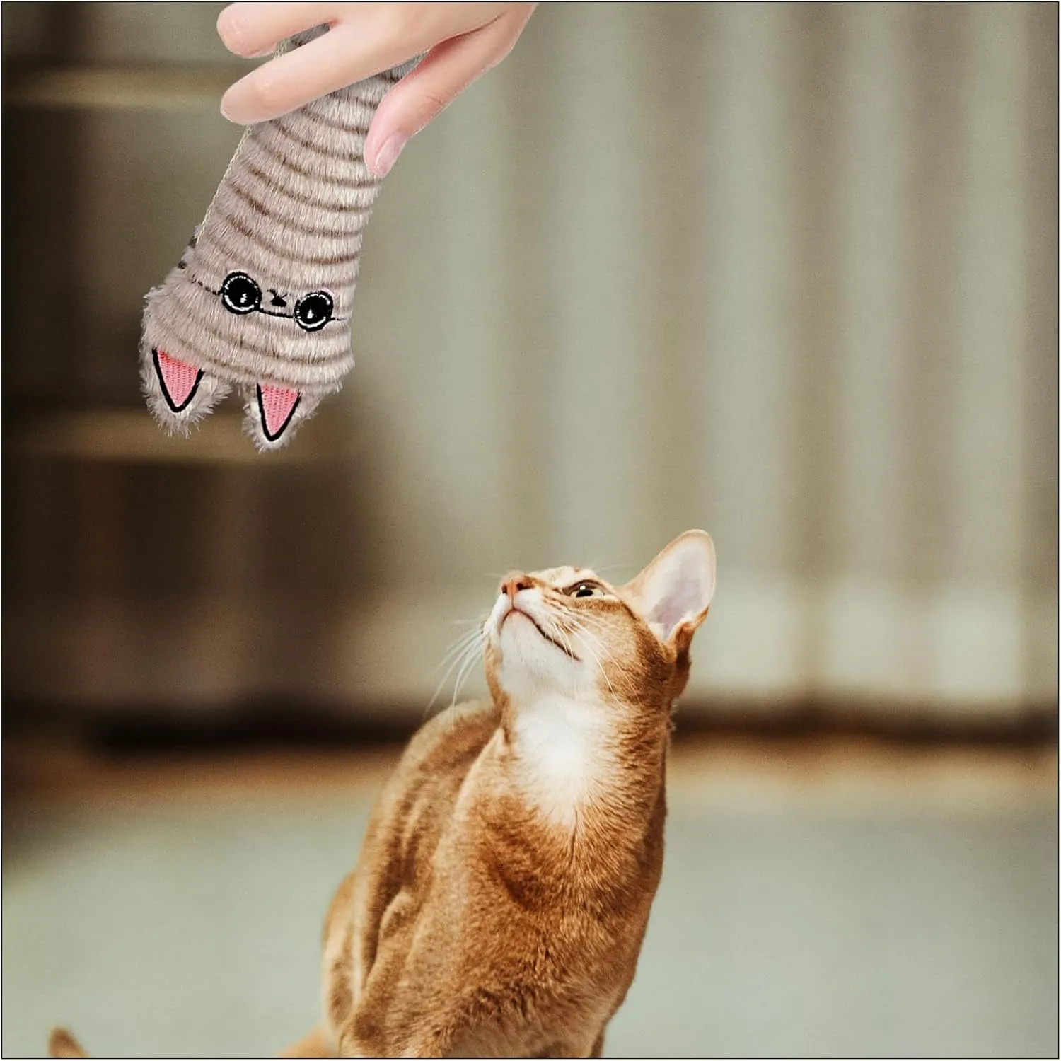 Andiker Catnip Toys for Indoor Cats,10.24inches Plush Toy for Cats with Crinkle Paper Inside,Fluffy cat Toy with Feather and 2 Scratcher (Grey)