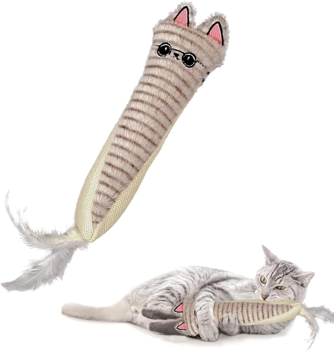 Andiker Catnip Toys for Indoor Cats,10.24inches Plush Toy for Cats with Crinkle Paper Inside,Fluffy cat Toy with Feather and 2 Scratcher (Grey)