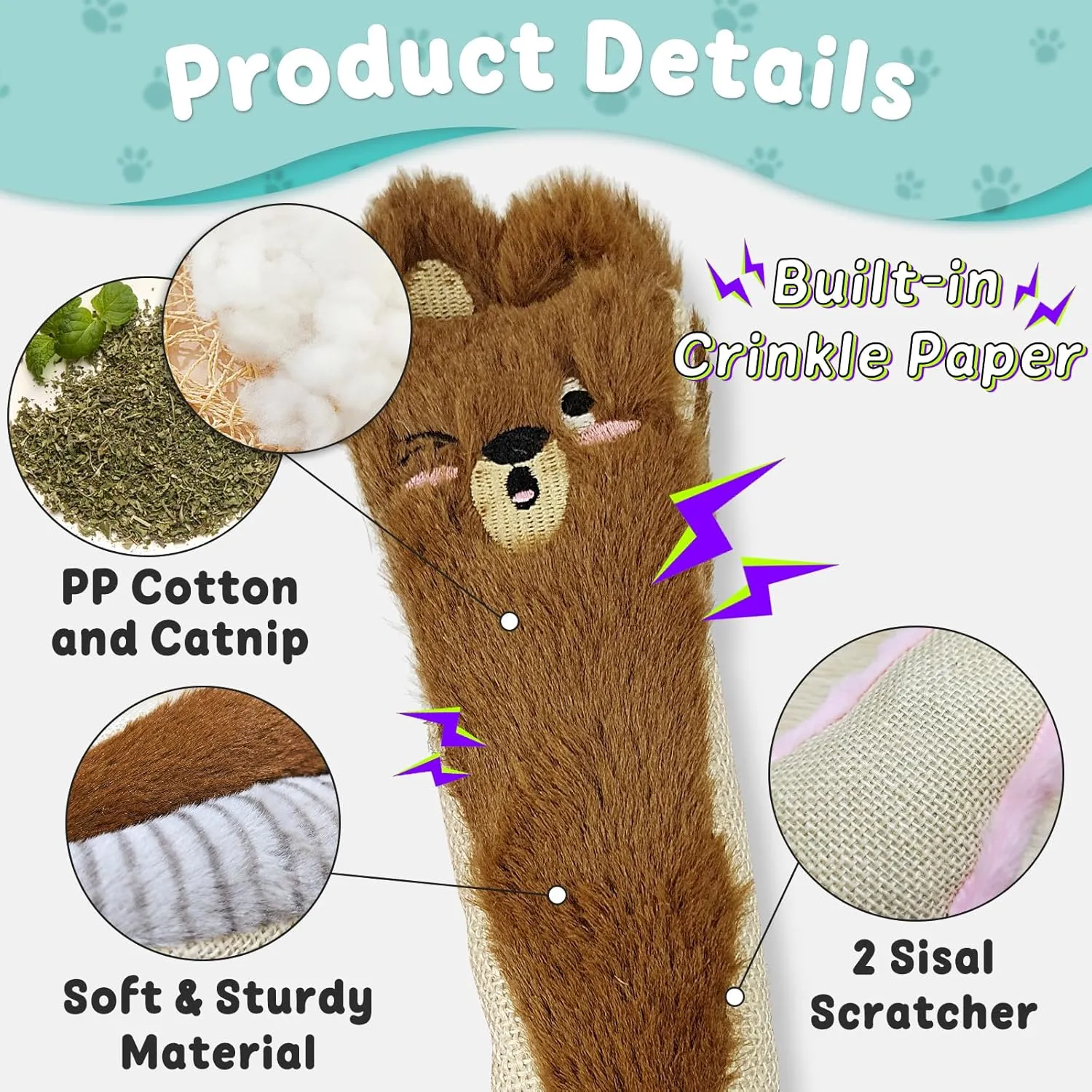 Andiker Catnip Toys for Indoor Cats,10.24inches Plush Toy for Cats with Crinkle Paper Inside,Fluffy cat Toy with Feather and 2 Scratcher (Grey)