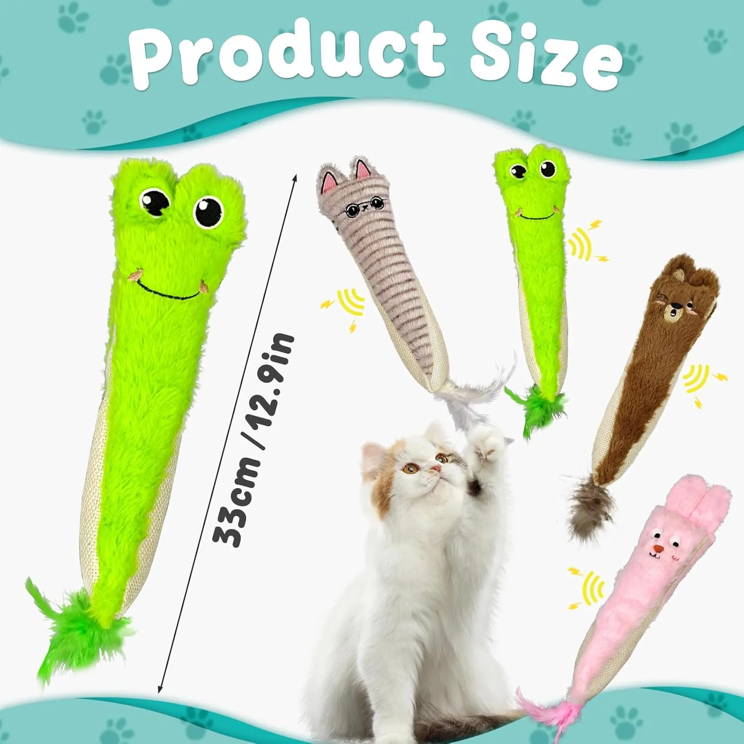 Andiker Catnip Toys for Indoor Cats,10.24inches Plush Toy for Cats with Crinkle Paper Inside,Fluffy cat Toy with Feather and 2 Scratcher (Grey)
