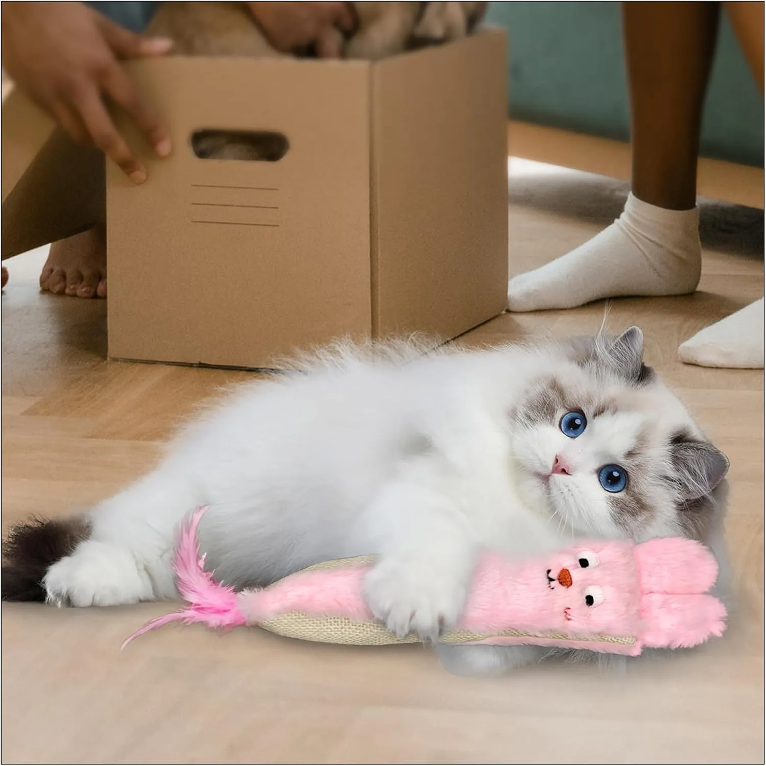 Andiker Catnip Toys for Indoor Cats,10.24inches Plush Toy for Cats with Crinkle Paper Inside,Fluffy cat Toy with Feather and 2 Scratcher (Pink)
