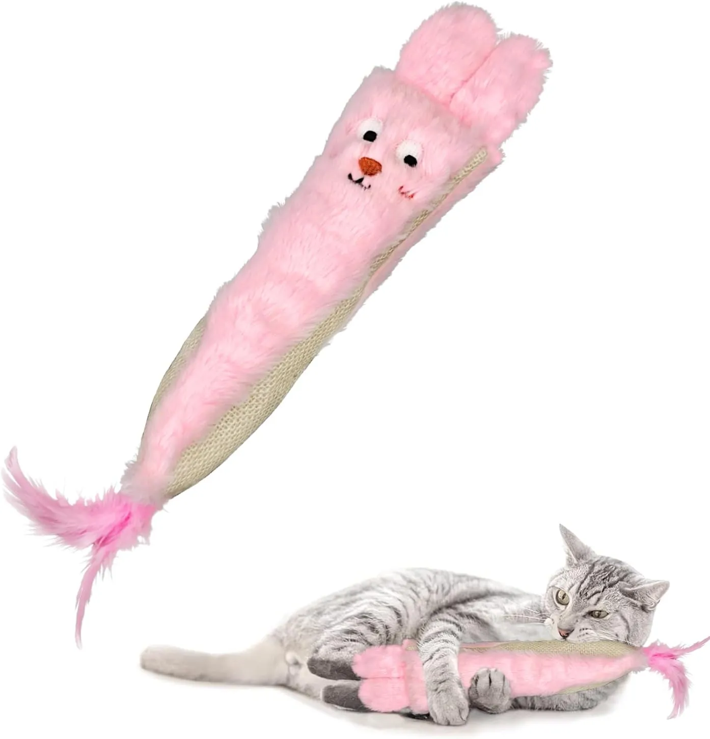 Andiker Catnip Toys for Indoor Cats,10.24inches Plush Toy for Cats with Crinkle Paper Inside,Fluffy cat Toy with Feather and 2 Scratcher (Pink)