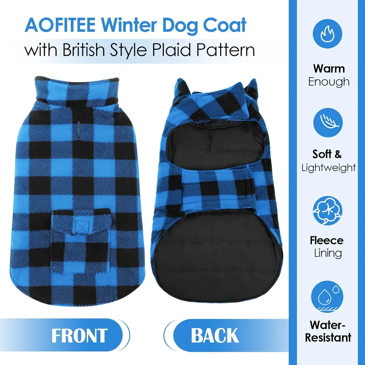 AOFITEE Dog Coat Plaid Dog Winter Coat for Large Dogs, Warm Dogs Jacket Christmas Sweater, Waterproof Pet Puffer Jacket, Reversible Pet Cold Weather Coats for Small Medium Large Pets, Blue XXXL