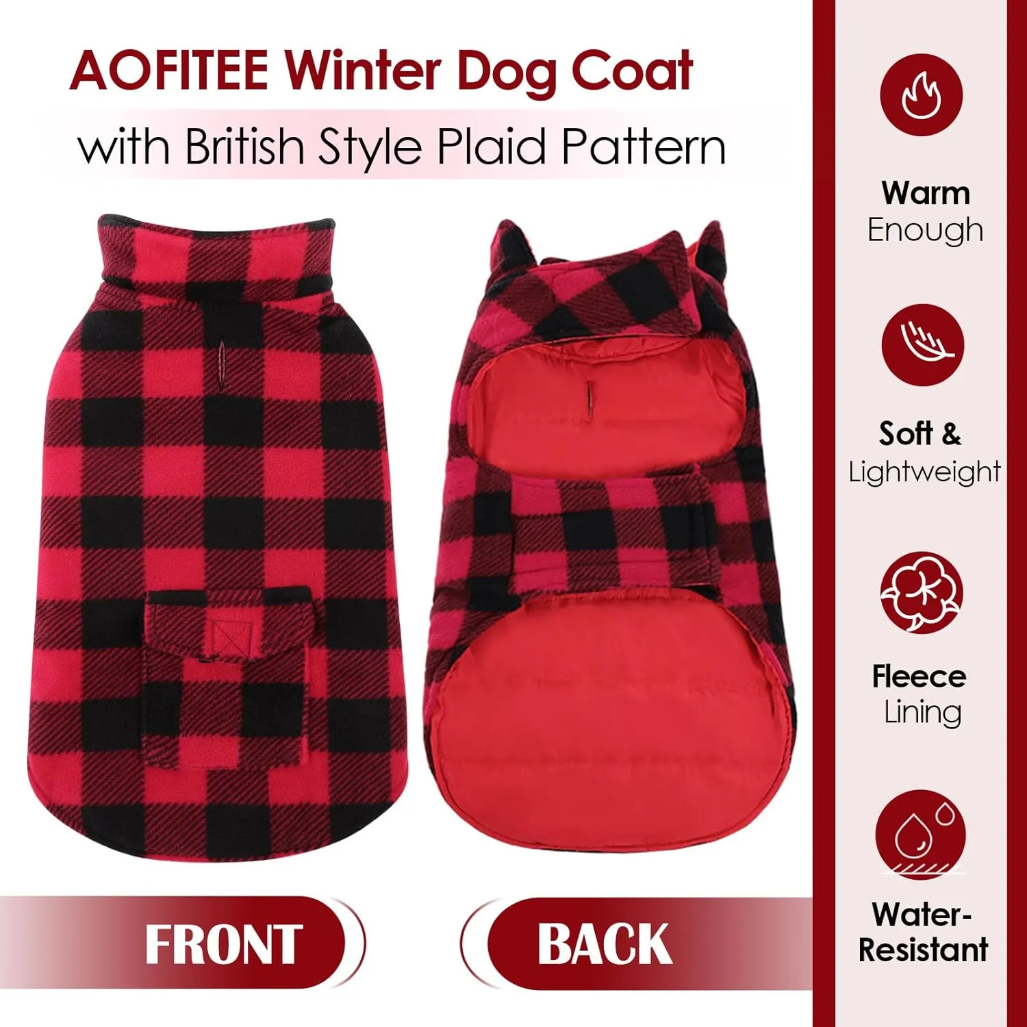 AOFITEE Dog Coat Plaid Dog Winter Coat for Large Dogs, Warm Dogs Jacket Christmas Sweater, Waterproof Pet Puffer Jacket, Reversible Pet Cold Weather Coats for Small Medium Large Pets, Red XXXL