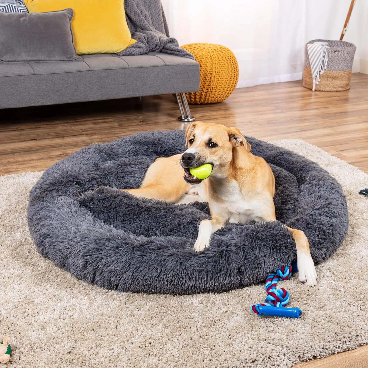 Best Choice Products 45in Dog Bed Self-Warming Plush Shag Fur Donut Calming Pet Bed Cuddler w/Water-Resistant Lining, Raised Rim - Gray