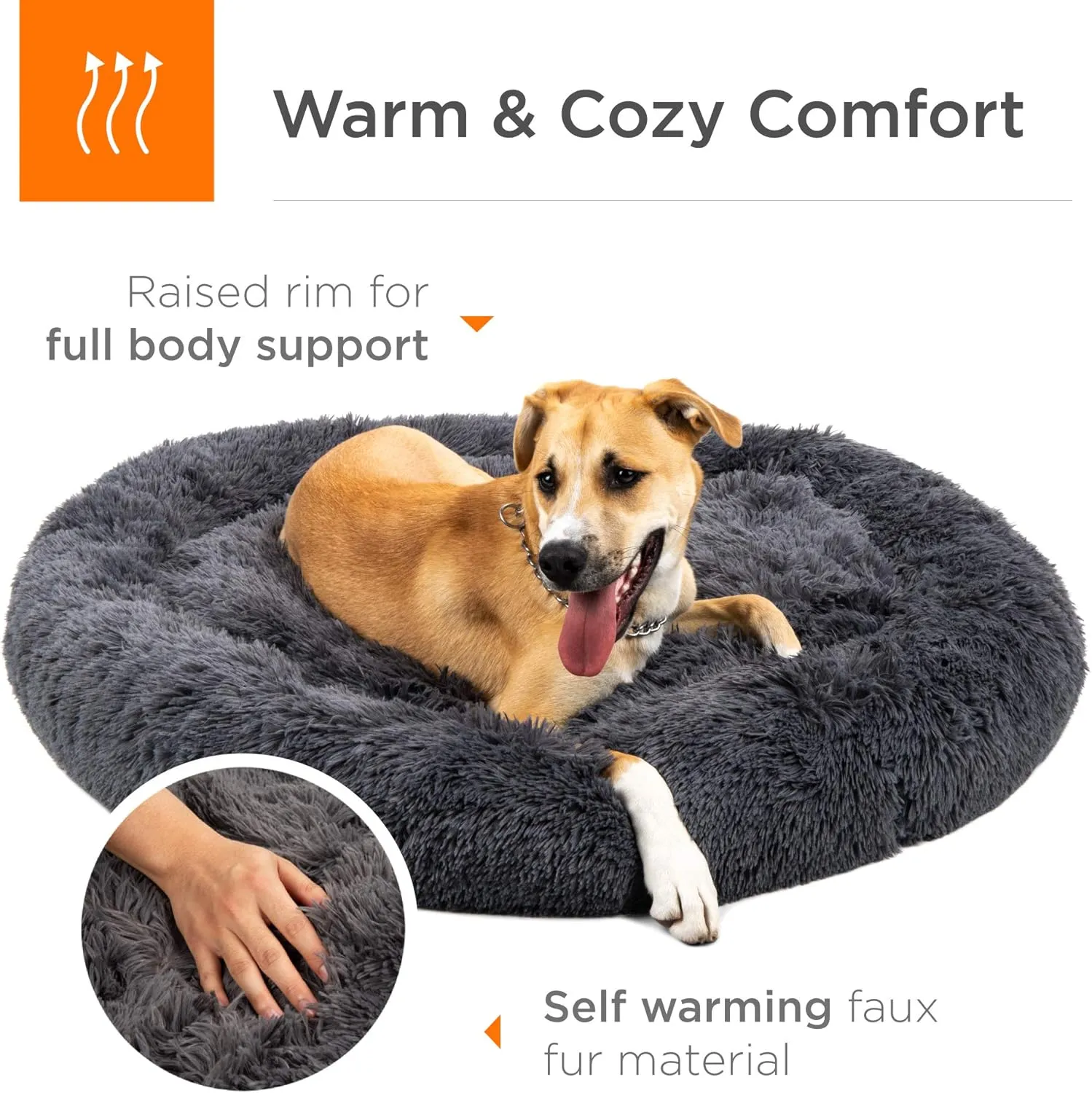 Best Choice Products 45in Dog Bed Self-Warming Plush Shag Fur Donut Calming Pet Bed Cuddler w/Water-Resistant Lining, Raised Rim - Gray