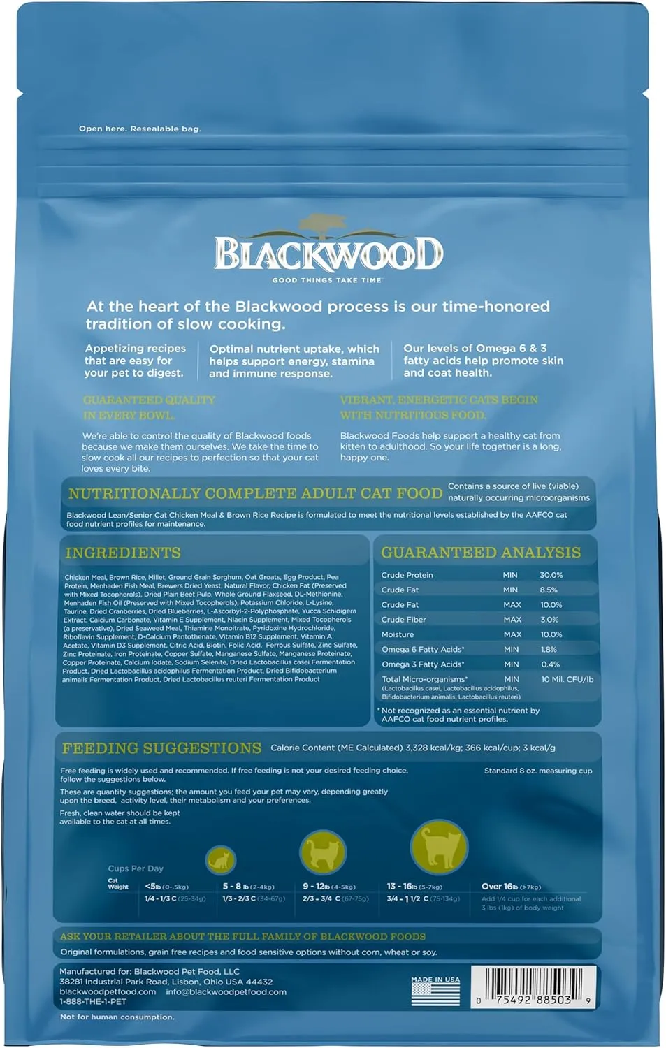Blackwood Dry Cat Food, Lean / Senior Formula, Chicken Meal & Brown Rice Recipe, 4 Pound Bag, High Protein, Slow Cooked