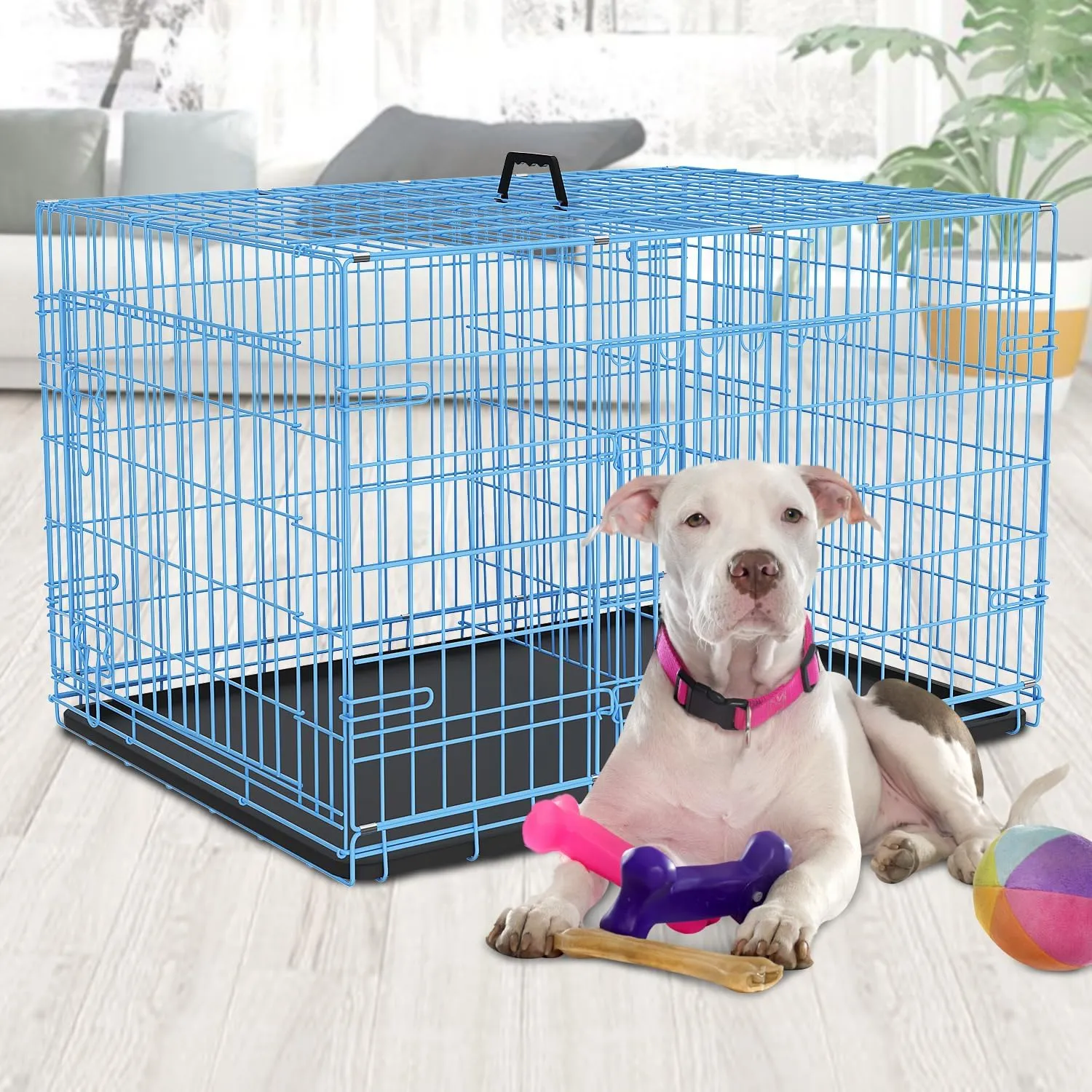 BLKMTY Foldable Dog Crate Wire Metal Dog Cage Large 42" Dog Kennel w/Divider Panel Double-Door Animal Segregation Cage Pet Crate w/Tray Dog Crates for Indoor Outdoor Travel Camping, Blue
