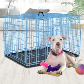 BLKMTY Foldable Dog Crate Wire Metal Dog Cage Large 42" Dog Kennel w/Divider Panel Double-Door Animal Segregation Cage Pet Crate w/Tray Dog Crates for Indoor Outdoor Travel Camping, Blue