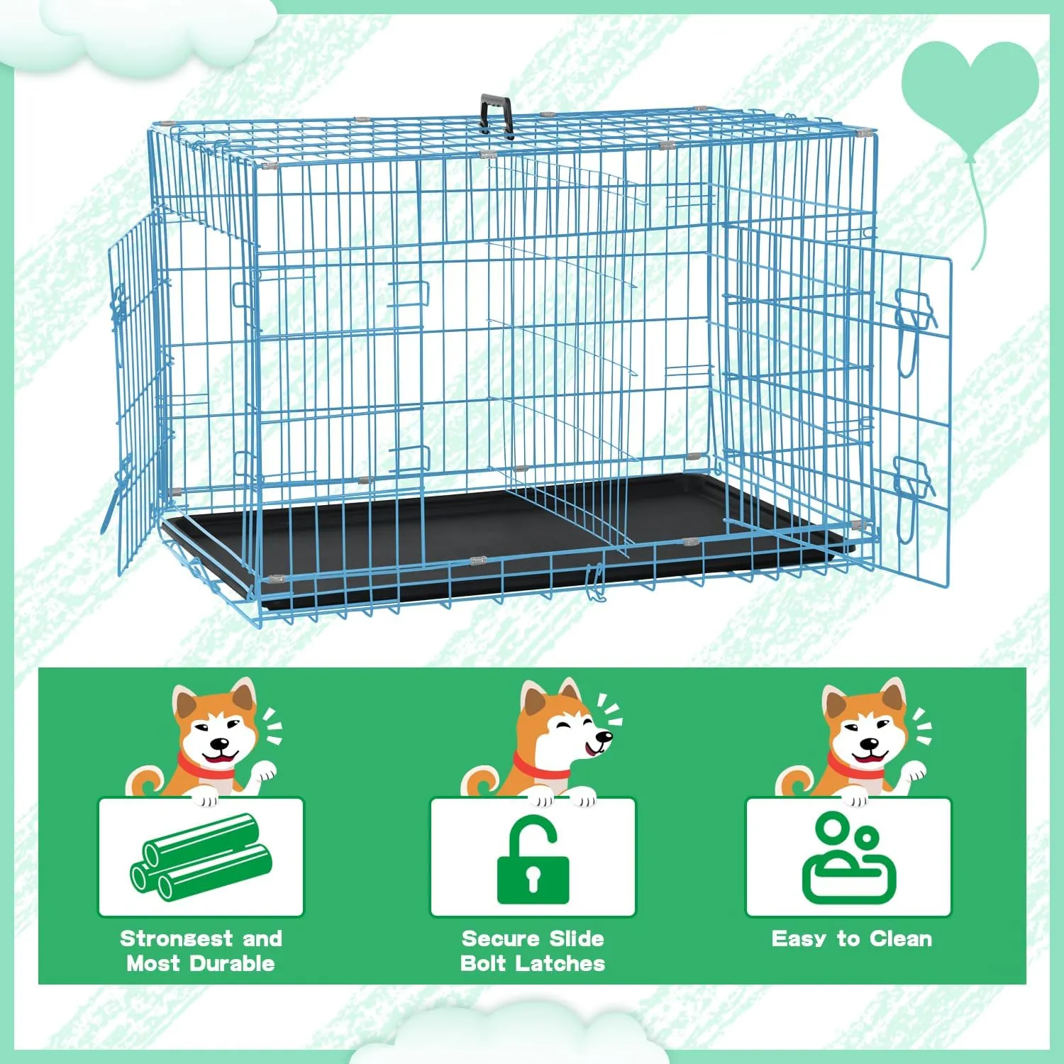BLKMTY Foldable Dog Crate Wire Metal Dog Cage Large 42" Dog Kennel w/Divider Panel Double-Door Animal Segregation Cage Pet Crate w/Tray Dog Crates for Indoor Outdoor Travel Camping, Blue