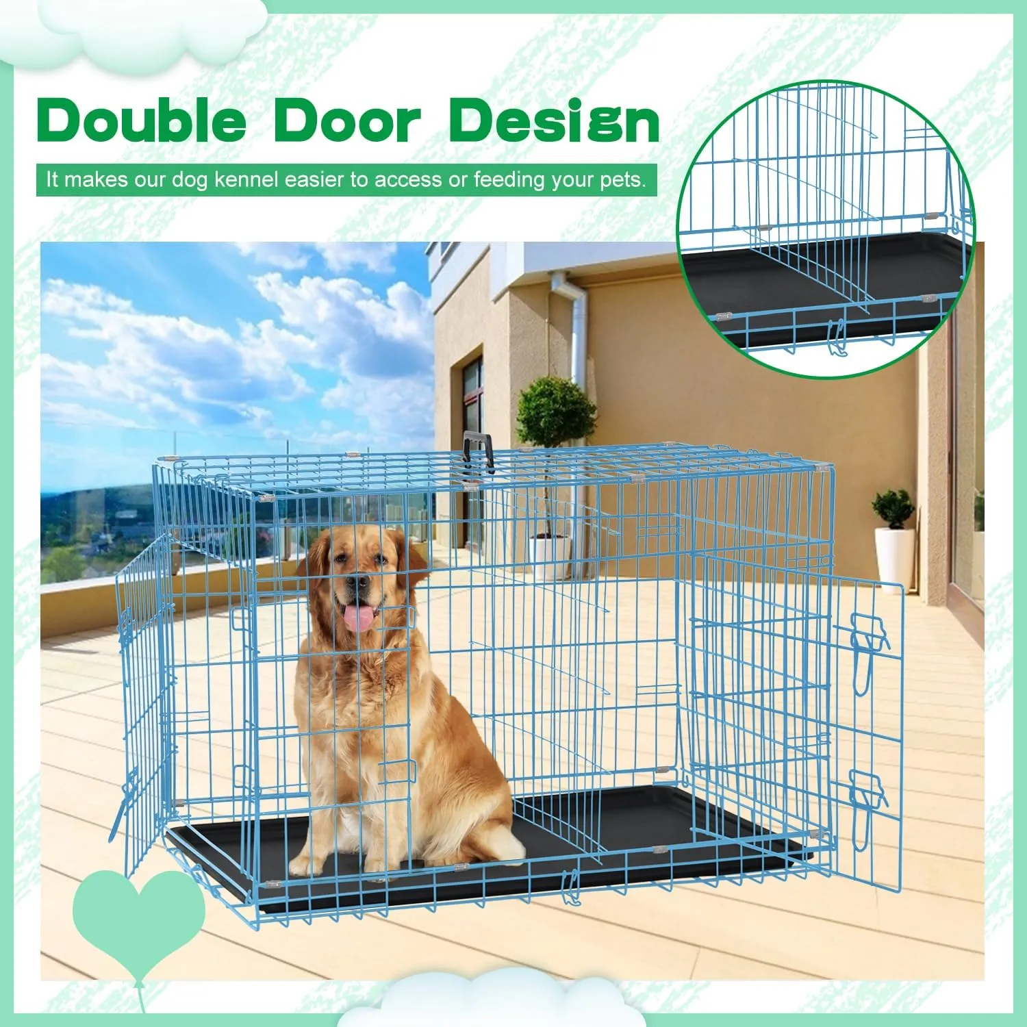 BLKMTY Foldable Dog Crate Wire Metal Dog Cage Large 42" Dog Kennel w/Divider Panel Double-Door Animal Segregation Cage Pet Crate w/Tray Dog Crates for Indoor Outdoor Travel Camping, Blue
