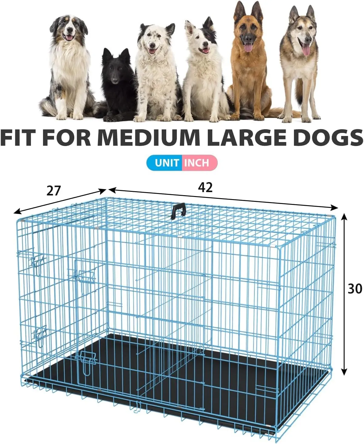 BLKMTY Foldable Dog Crate Wire Metal Dog Cage Large 42" Dog Kennel w/Divider Panel Double-Door Animal Segregation Cage Pet Crate w/Tray Dog Crates for Indoor Outdoor Travel Camping, Blue
